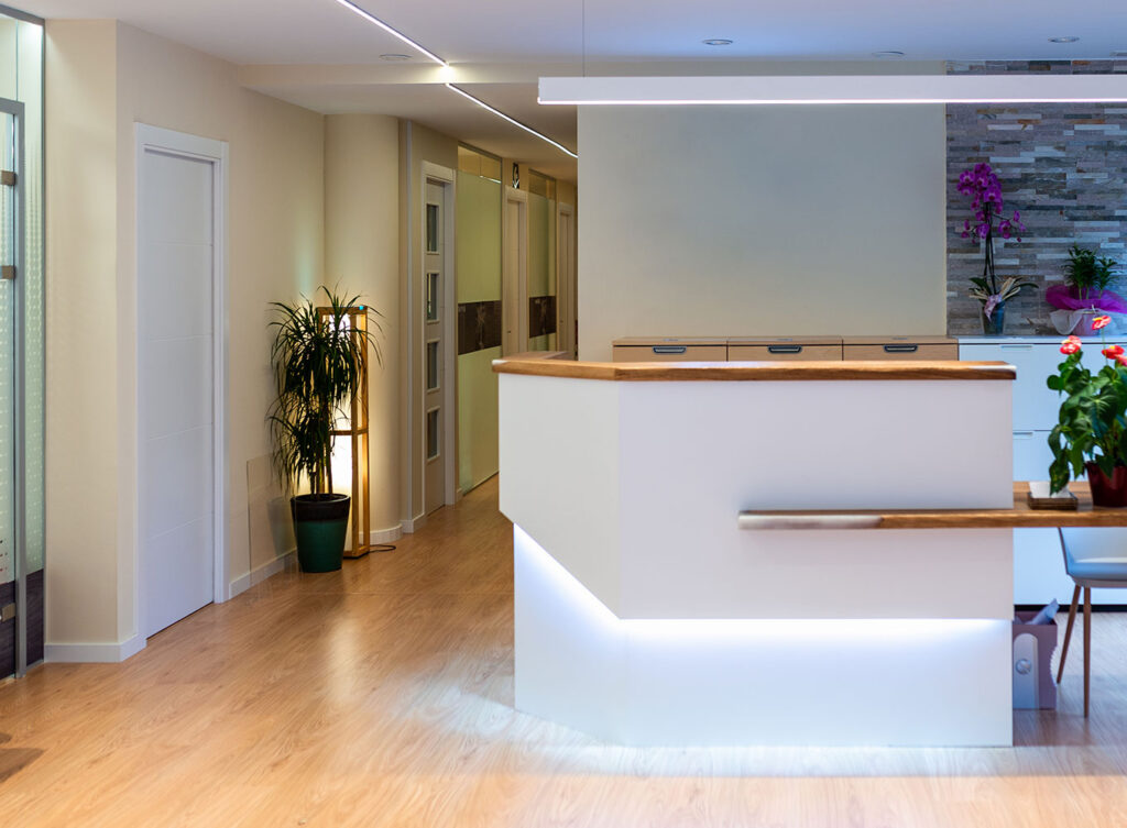 custom designed reception desk and waiting area of a medical building columbia il